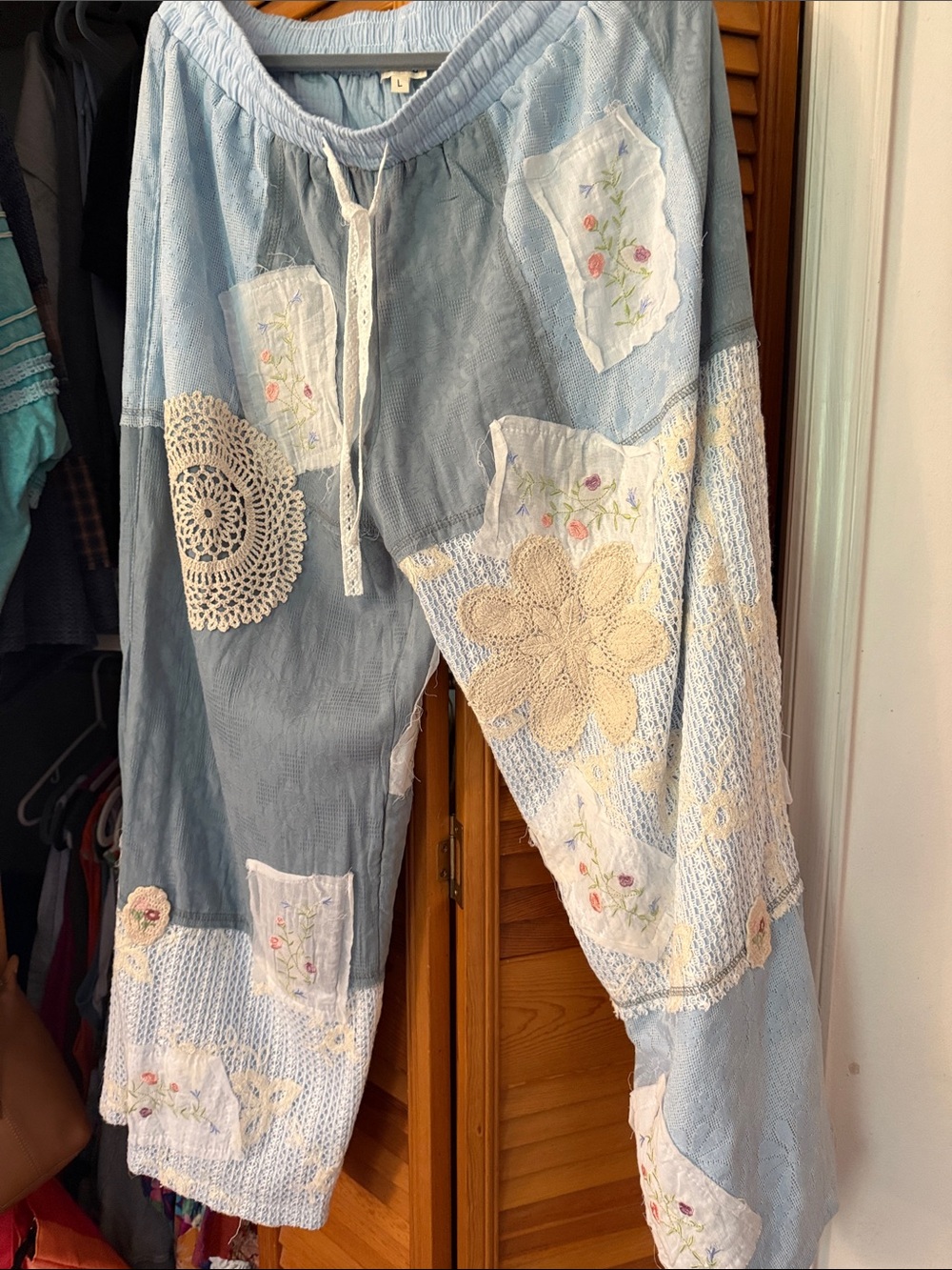 POL Mixed Media Wide Leg Pants Accented with Crochet and Flowers
